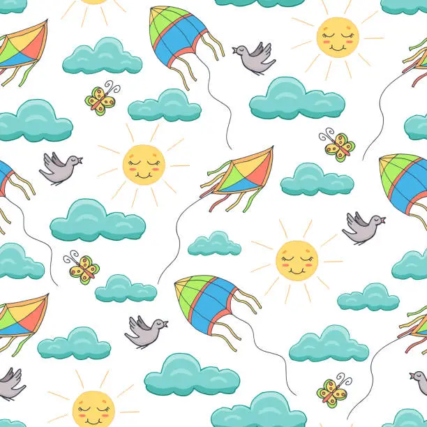 Vector illustration of Seamless pattern with a summer theme: kites in the sky, sun, clouds.