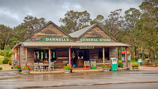 Rosa Brook, Australia - September 18, 2021: An old-fashioned general store in Rosa Brook, in the Margaret River area of Western Australia, is a reminder of the past.