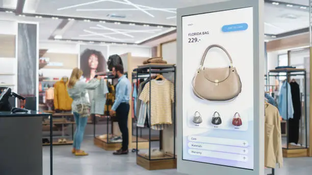 Photo of Shot of a Floor-Standing LCD Touch Screen Display with User Interface of Online Clothing Shop Standing in Clothing Store. Self service Checkout with Hand Bag. Diverse People in Shop Buying Clothes.