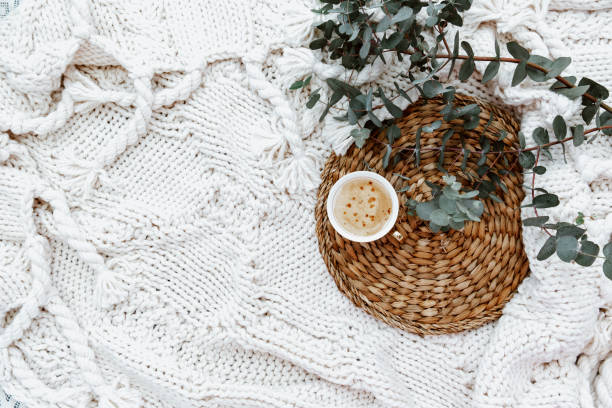 istock Flat lay with coffee cup and eucalyptus on white background. beautiful female still life 1345107062
