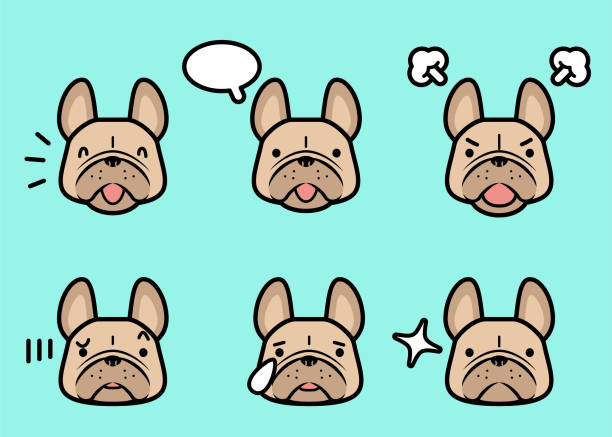 컬러 파스텔 톤의 6 가지 얼굴 표정이있는 강아지의 귀여운 아이콘 세트 - dog mixed breed dog group of animals small stock illustrations