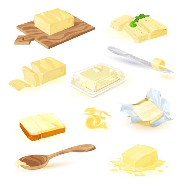 ilustrações, clipart, desenhos animados e ícones de conjunto de desenhos animados de manteiga - butter dairy product butter dish milk