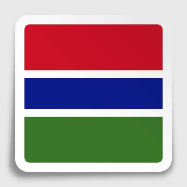 Vector illustration of Gambia flag icon on paper square sticker with shadow. Button for mobile application or web. Vector