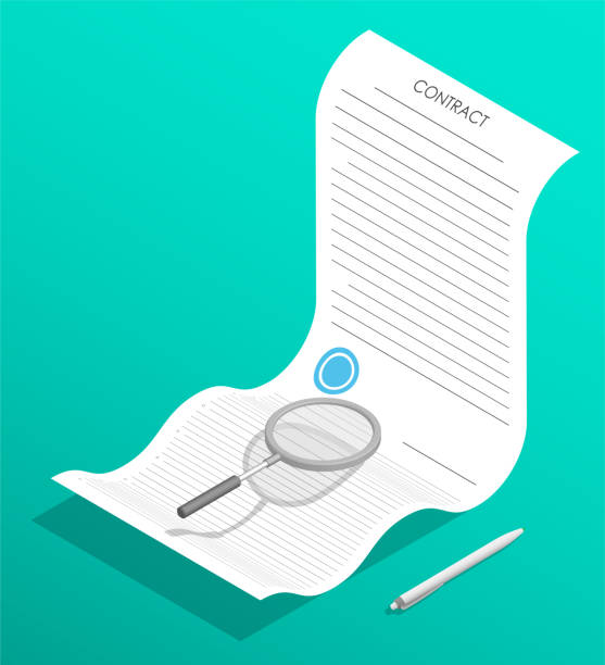 ilustrações de stock, clip art, desenhos animados e ícones de isometric concept. paper contract with magnifying glass, document with additional agreement in small print. careful study of contract before signing. realistic 3d vector - condition text magnifying glass contract