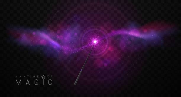 Magic wand with pink and violet glowing shiny trail.  Isolated on black transparent background. Vector illustration Magic wand with pink and violet glowing shiny trail.  Isolated on black transparent background. Vector illustration magic wand stock illustrations