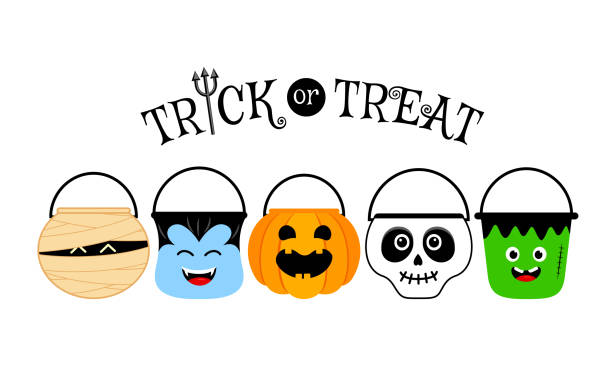 ilustrações de stock, clip art, desenhos animados e ícones de cute halloween cartoon bucket set. - trick or treat