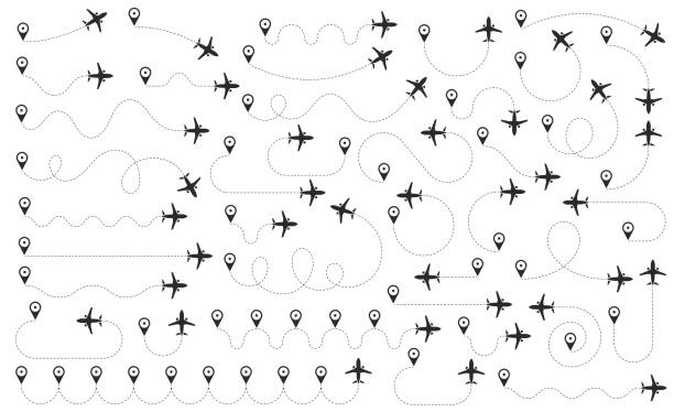 траектория полета самолета от точки расположения по пунктирной линии. маршрут полета из путевой точки с силуэтом самолета. векторные элеме - geo stock illustrations