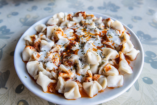 Plate of Turkish dumplings manti.