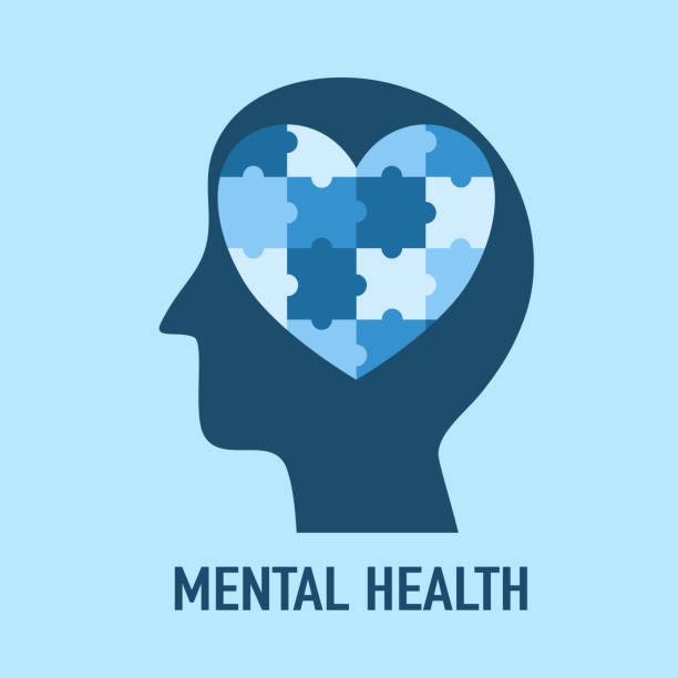 istock Mental health concept vector illustration. Blue heart jigsaw in human brain. World mental health day. Psychological therapy and treatment flat design. 1345116350