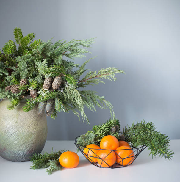 new year decor  with tangerines on gray background