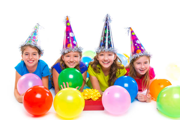 Happy kid girls birthday party balloons and gift Happy kid girls birthday party balloons and gift box on white background happy birthday cousin images stock pictures, royalty-free photos & images