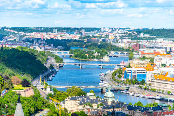 istock Prague skyline with Vltava bridges 1345119585