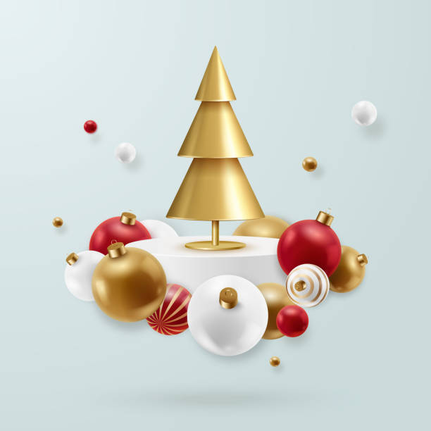 абстрактный фон с золотой елкой и разноцветными шарами на летающем подиуме. новогоднее конусообразное дерево. минимальный дизайн рождеств - christmas 3d stock illustrations