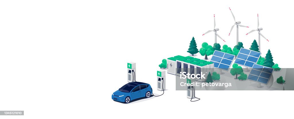 Electric car charging on renewable solar wind charger station with many charging stalls Electric car charging on parking lot with fast supercharger station and many charger stalls. Vehicle on renewable solar panel wind energy battery storage station in network grid. Vector illustration. Electric Vehicle stock vector