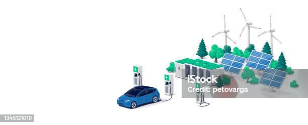 Electric Car Charging On Renewable Solar Wind Charger Station With Many Charging Stalls Stock Illustration - Download Image Now