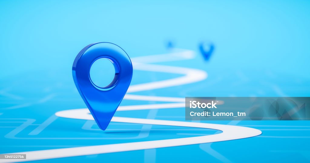 Road map of blue location pin icon symbol or gps travel route navigation marker and transportation place pointer direction street sign on city background with transport destination way. 3D render. Road Map Stock Photo
