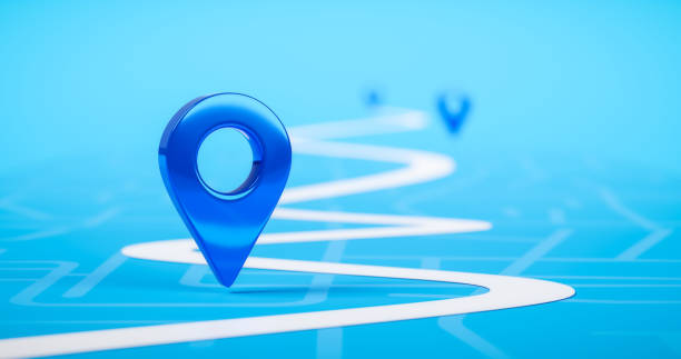 Road map of blue location pin icon symbol or gps travel route navigation marker and transportation place pointer direction street sign on city background with transport destination way. 3D render. Road map of blue location pin icon symbol or gps travel route navigation marker and transportation place pointer direction street sign on city background with transport destination way. 3D render. navigational equipment stock pictures, royalty-free photos & images