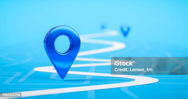 Road Map Of Blue Location Pin Icon Symbol Or Gps Travel Route Navigation Marker And Transportation Place Pointer Direction Street Sign On City Background With Transport Destination Way 3d Render Stock Photo - Download Image Now