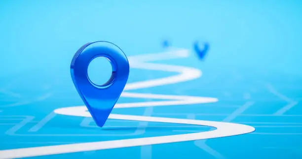 Photo of Road map of blue location pin icon symbol or gps travel route navigation marker and transportation place pointer direction street sign on city background with transport destination way. 3D render.