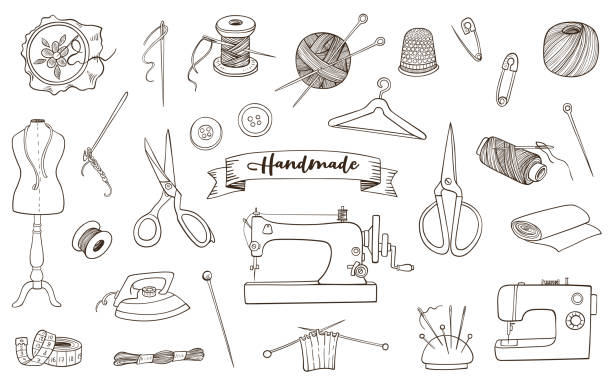 näh- und handarbeitswerkzeuge und zubehör. - thread spool sewing item white background stock-grafiken, -clipart, -cartoons und -symbole