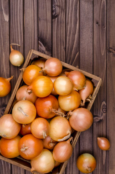 istock Large raw onions in a box on a wooden background. 1345124523