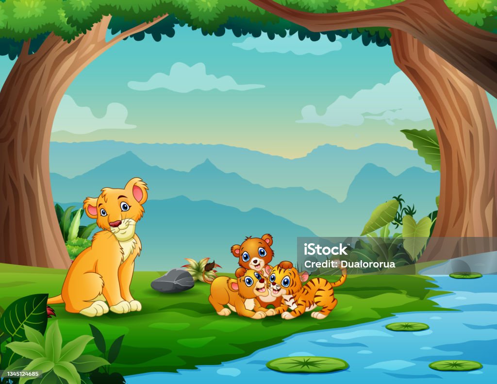 Cartoon lions and tiger playing by the river Agricultural Field stock vector Cartoon lions and tiger playing by the river Agricultural Field stock vector