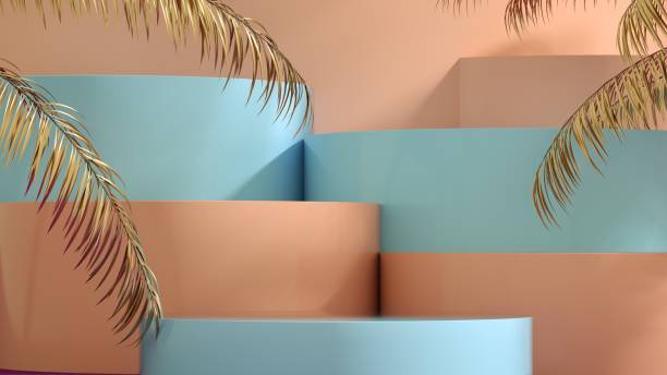 istock Modern Abstract Peachy Orange And Blue Podium Steps Background With Golden Palm Leafs - 3D Illustration 1345124928