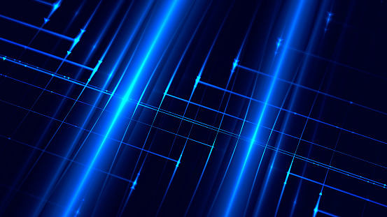 Abstract Futuristic Navy Grid Fiber Optic Laser LED String Light Technology Connection Communication Pattern Cable Tube Blue Neon Shiny Black Background Wire Mesh Fluorescent Fractal Fine Art Digitally Generated Image for banner, flyer, card, poster, brochure, presentation