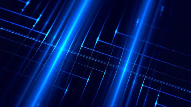 Photo of Abstract Futuristic Grid Navy Fiber Optic Laser LED String Light Technology Connection Communication Pattern Cable Tube Blue Neon Shiny Black Background Wire Mesh Fluorescent Fractal Fine Art