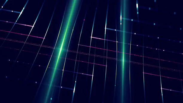 Photo of Abstract Futuristic Colorful Grid Fiber Optic Laser LED String Light Pixel Technology Connection Communication Pattern Cable Tube Teal Neon Shiny Black Background Wire Mesh Fluorescent Fractal Fine Art