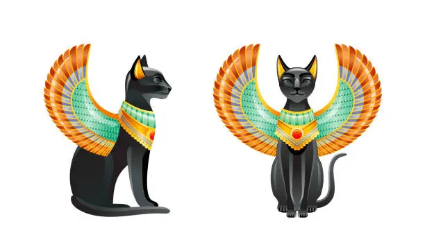 Vector illustration of Egyptian Cats. Bastet goddess. Black cat set with scarab wing and gold necklace. Statuette from ancient Egypt art. Cartoon 3d icon. Logo design. Old style vector illustration isolated white background