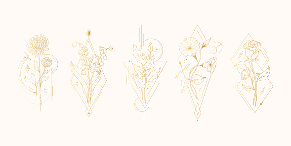 Set of five birth month flowers. Vector isolated background with golden geometrical  plants for wedding invitations and  greeting cards.