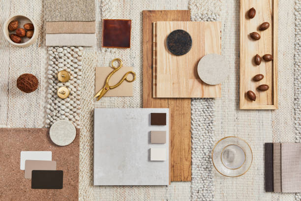 istock Flat lay design of creative architect mood board composition with samples of building, beige textile and natural materials and personal accessories. Top view, template. 1345129594