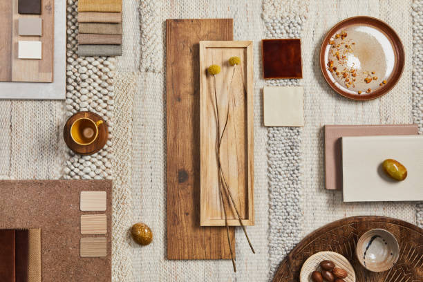 istock Flat lay design of creative architect mood board composition with samples of building, beige textile and natural materials and personal accessories. Top view, template. 1345129605