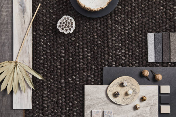 istock Stylish flat lay composition of architect mood board with samples of building, brown textile and natural materials and personal accessories. Top view, template. 1345129606
