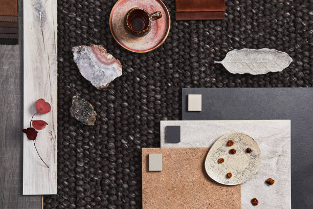 istock Stylish flat lay composition of architect mood board with samples of building, brown textile and natural materials and personal accessories. Top view, template. 1345129616