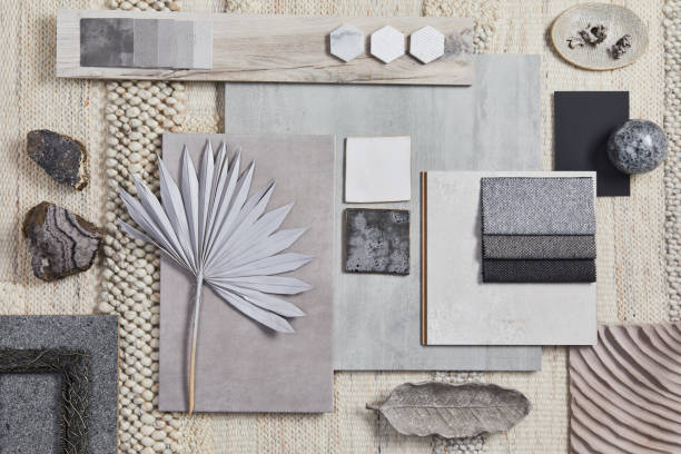 istock Flat lay design of creative architect mood board composition with samples of building, beige textile and natural materials and personal accessories. Top view, template. 1345129626