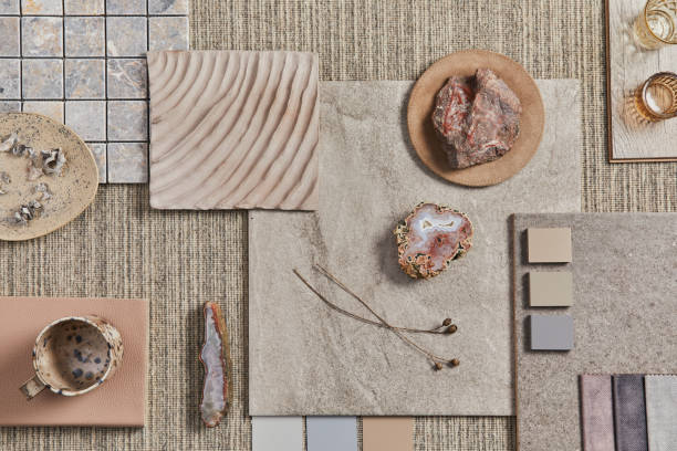 istock Flat lay of creative design of beige architect mood board composition with samples of building, neutral textile and natural materials and personal accessories. Top view, template. 1345129653