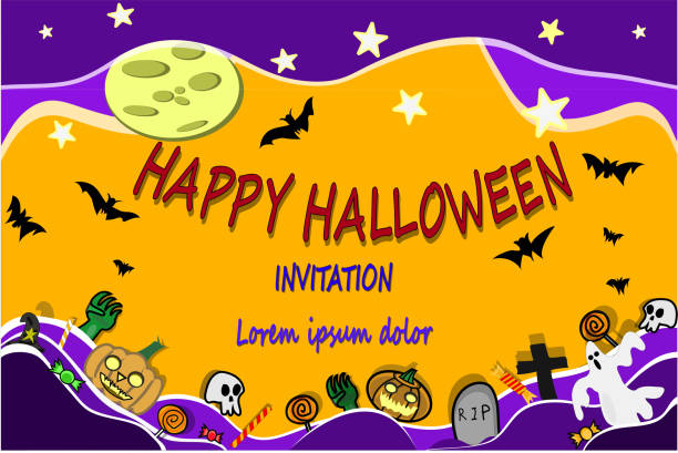 istock Happy Halloween party invitation card background include moon and pumpkins in cartoon style illustration. Full moon in the sky, spiders web and flying bats  jack o lantern cemetery tombstone cross in wave form with Place for text 1345130757