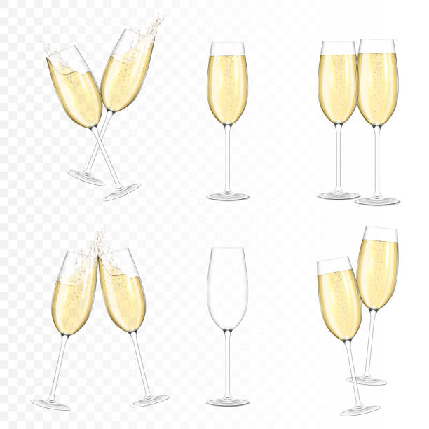ilustraciones, imágenes clip art, dibujos animados e iconos de stock de set o transparentes copas realistas de champán, aisladas. - champán