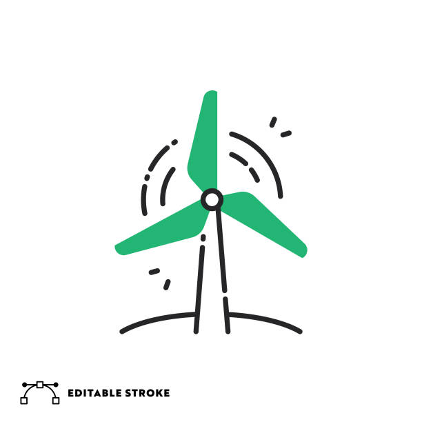 illustrazioni stock, clip art, cartoni animati e icone di tendenza di icona della linea piatta della turbina eolica con corsa modificabile - pale eoliche