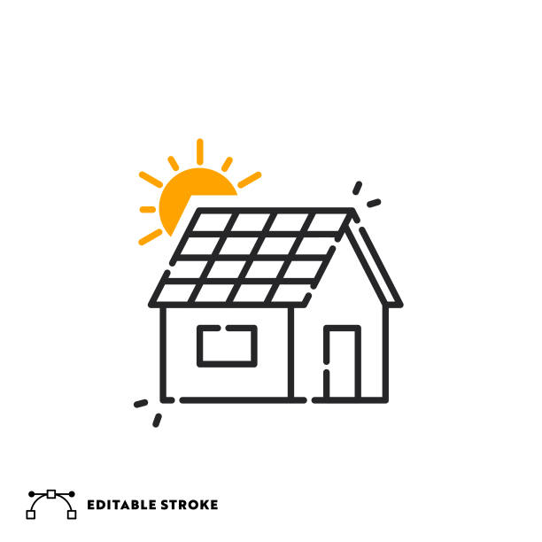 ilustrações, clipart, desenhos animados e ícones de ícone da linha plana do telhado solar com traçado editável - 264