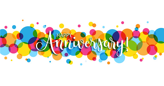HAPPY ANNIVERSARY! vector brush calligraphy banner with colorful overlapping circles on white background