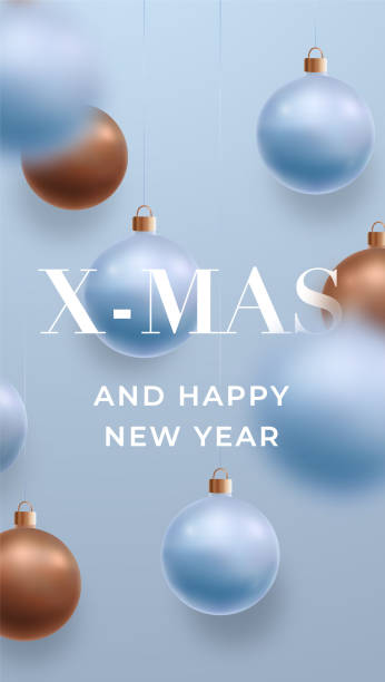 istock Christmas or New Year storys template. Xmas vertical banner. Festive sierra blue background, hanging 3D christmas balls. Vector template for social media, social network, stories. 1345135810