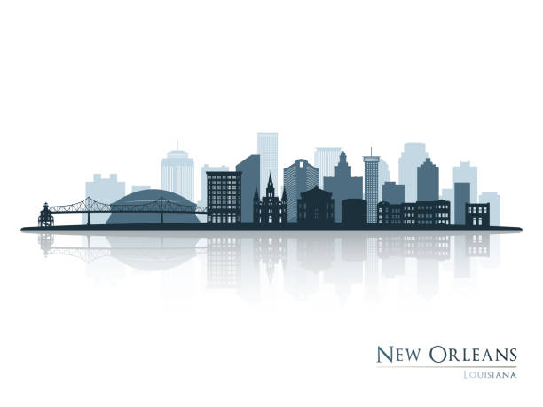 ilustrações, clipart, desenhos animados e ícones de silhueta skyline de nova orleans com reflexo. paisagem nova-orleans, louisiana. ilustração vetorial. - estados da costa do golfo