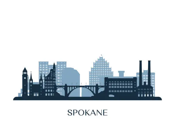 Vector illustration of Spokane, WA skyline, monochrome silhouette. Vector illustration.