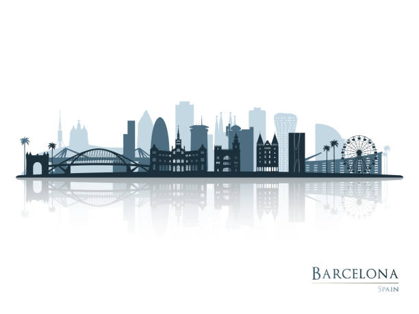 ilustraciones, imágenes clip art, dibujos animados e iconos de stock de silueta del skyline de barcelona con reflejo. paisaje barcelona, españa. ilustración vectorial. - barcelona