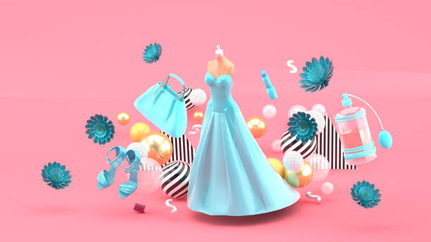 Evening dresses, bags, shoes and cosmetics floating among the flowers on a pink background.-3d rendering. Evening dresses, bags, shoes and cosmetics floating among the flowers on a pink background.-3d rendering. prom fashion stock pictures, royalty-free photos & images
