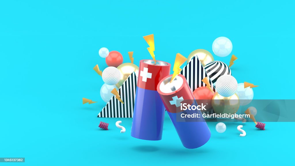 Battery among the colorful balls on the blue background.-3d rendering. Battery Stock Photo