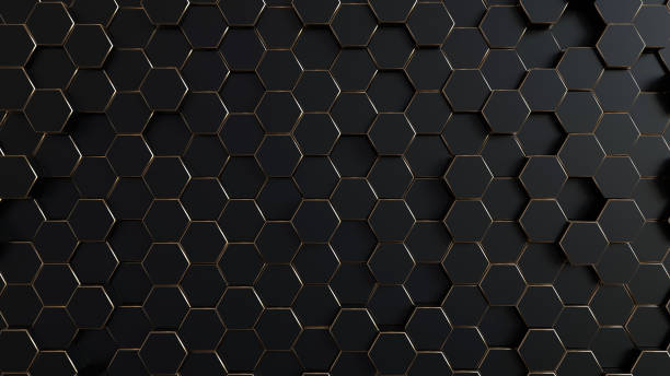 fondo abstracto de nido de abeja negro y dorado - ilustración 3d - metallic wall brick glowing fotografías e imágenes de stock